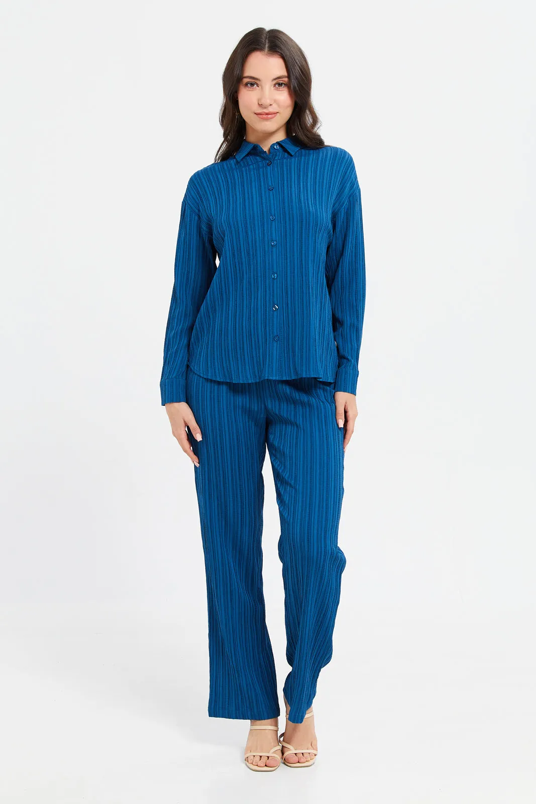 Women Blue Textured Straight Trousers