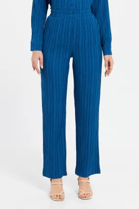 Women Blue Textured Straight Trousers