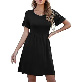 Women Hawaiian Summer Beach Sundress Solid Color Loose Short Dresses Holiday Casual Crew Neck Mini Dress