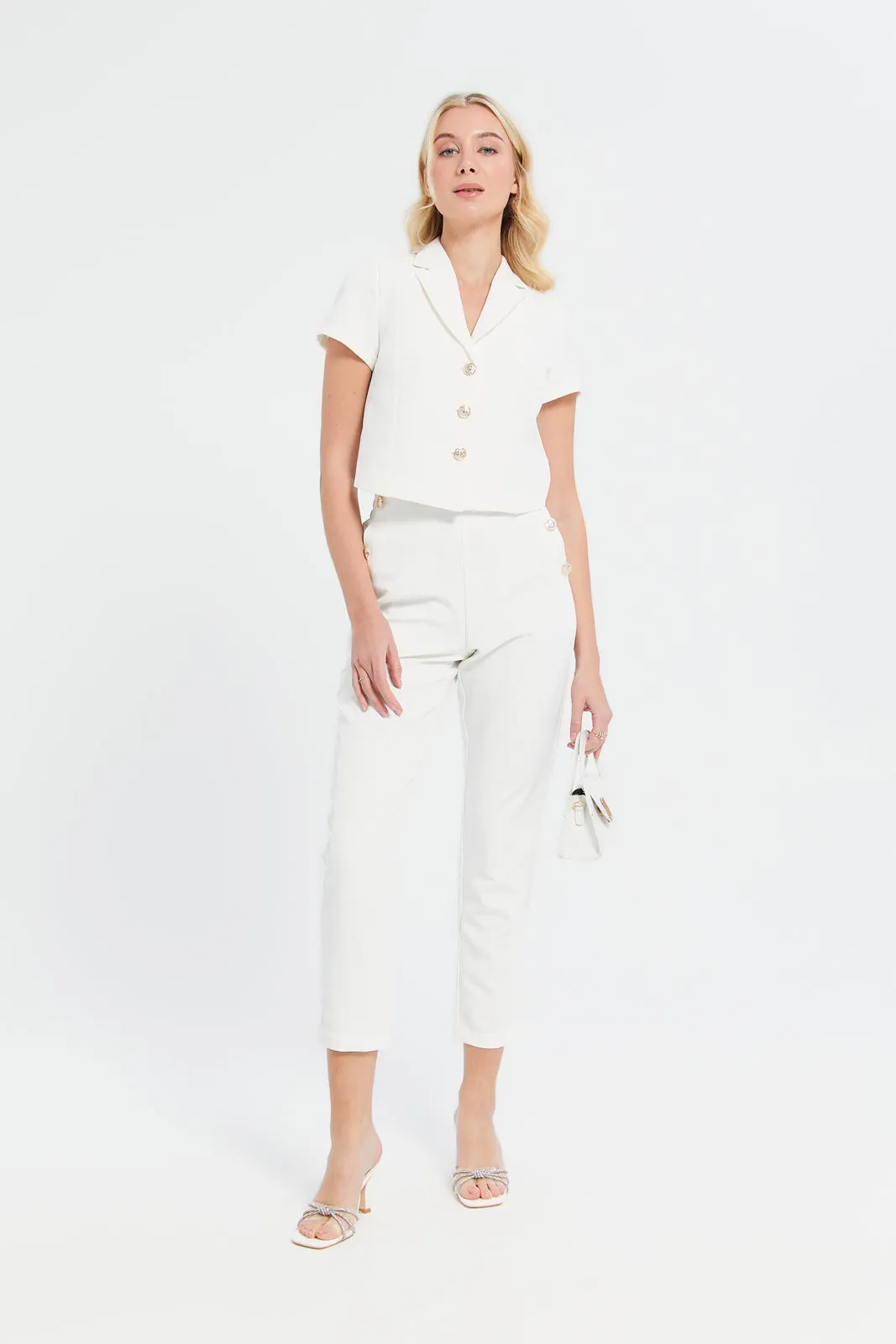 Women Ivory Button Detailed Trousers