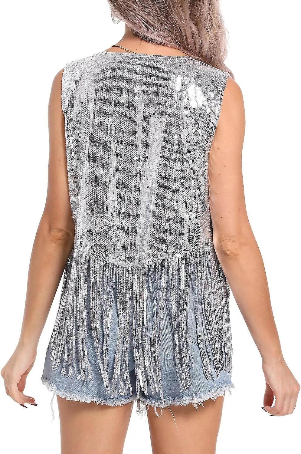 Women Sequins Fringe Vest Glitter Sparkly Sleeveless Jacket 70s Open Front Tassel Vest