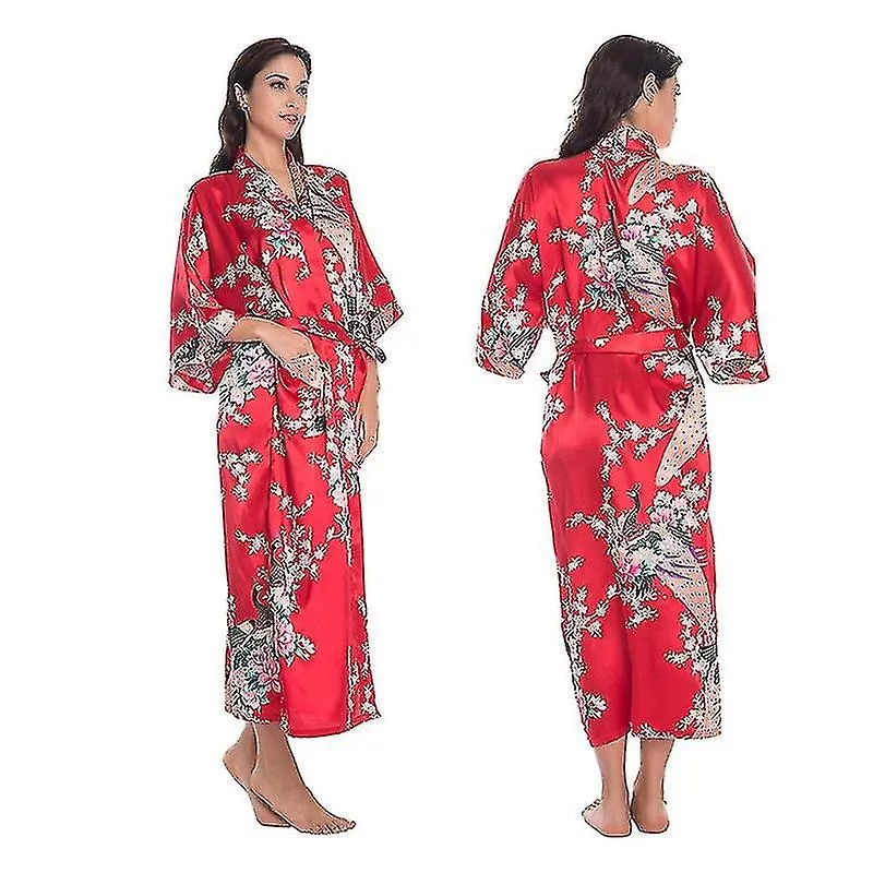 Womens Floral Printed Soft Satin Kimono Dressing Gown Wedding Bathrobe Sleepwear