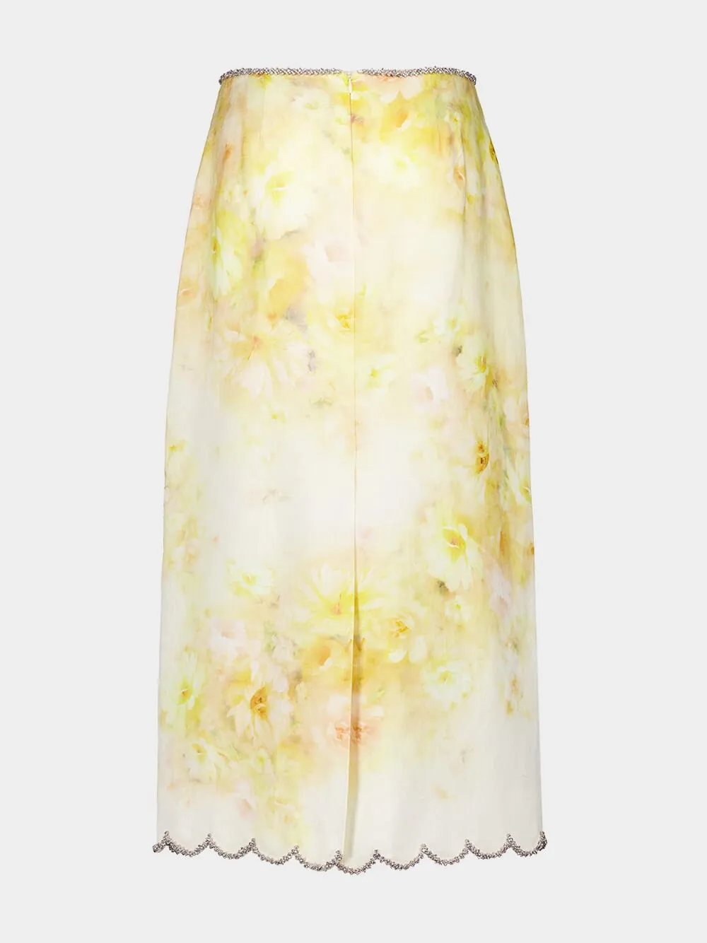 Yellow Floral Crush Scalloped Midi Skirt