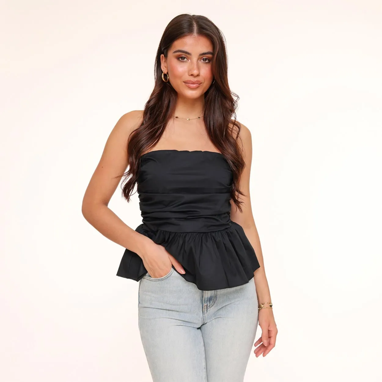 Zwarte Strapless Ruffel - Top